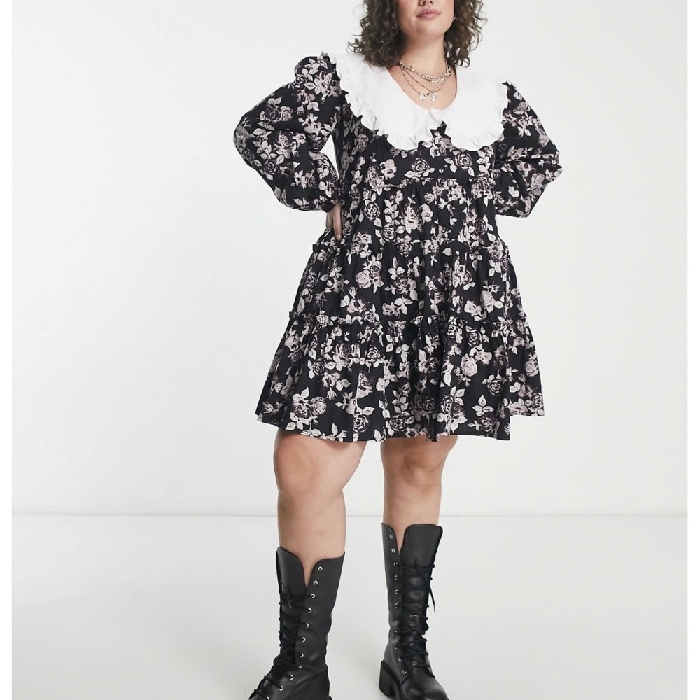 Reclaimed Vintage Plus Floral Mini Dress US 18 White Contrast Collar Cottagecore